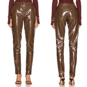 Alix NYC Women 4 Loring Pants Acorn Brown Faux Patent Leather Ankle Pockets NEW
